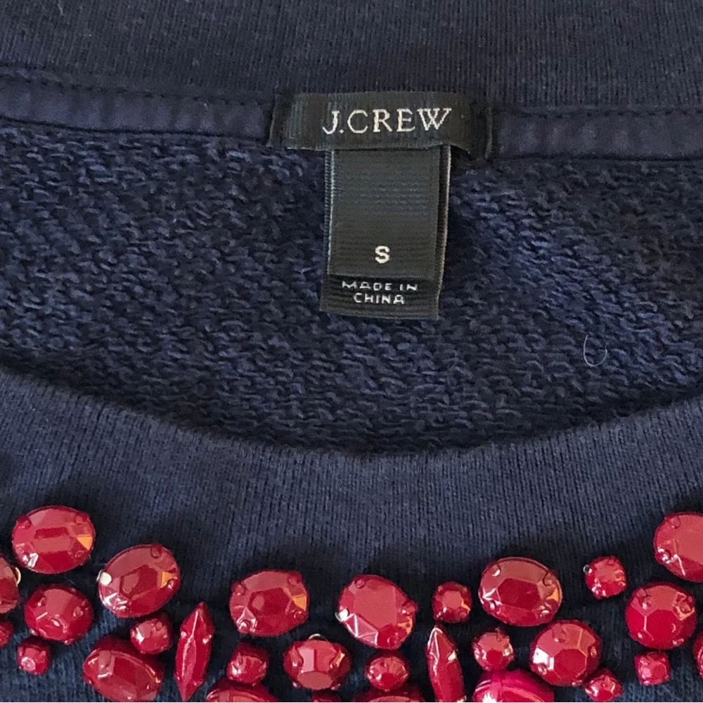 J. Crew Navy Crew Neck Sweatshirt with Red Stone Embellishments Sz S